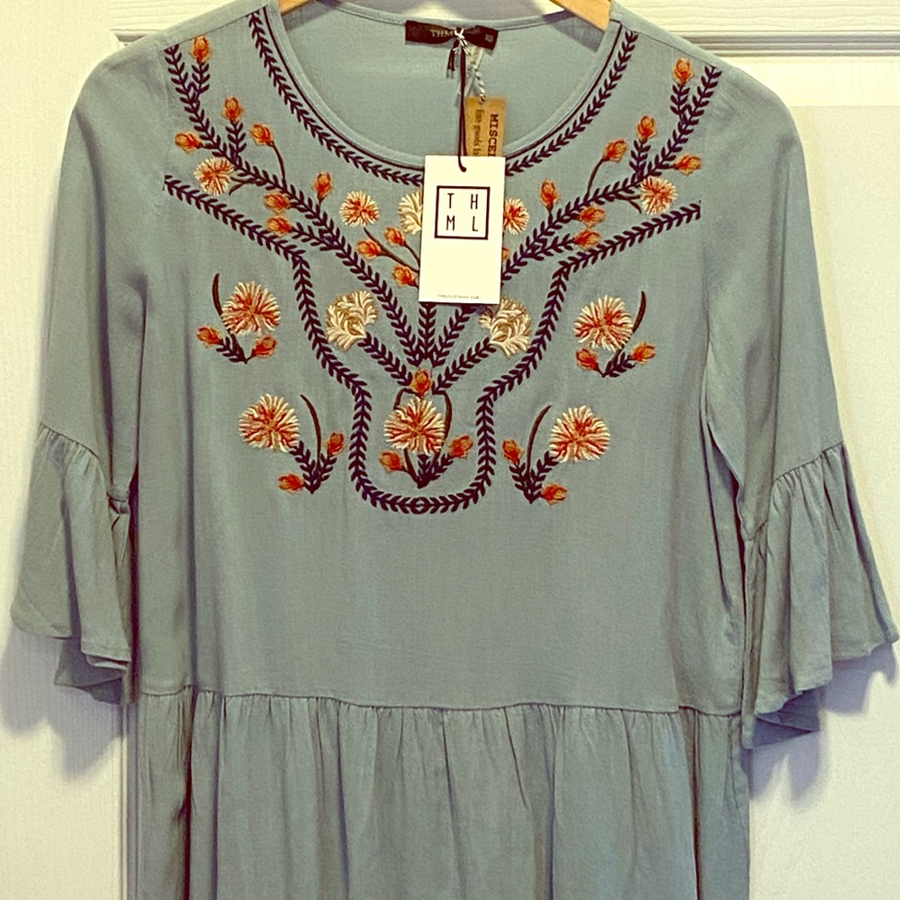 NWT Steel Blue Embroidered Peplum Top